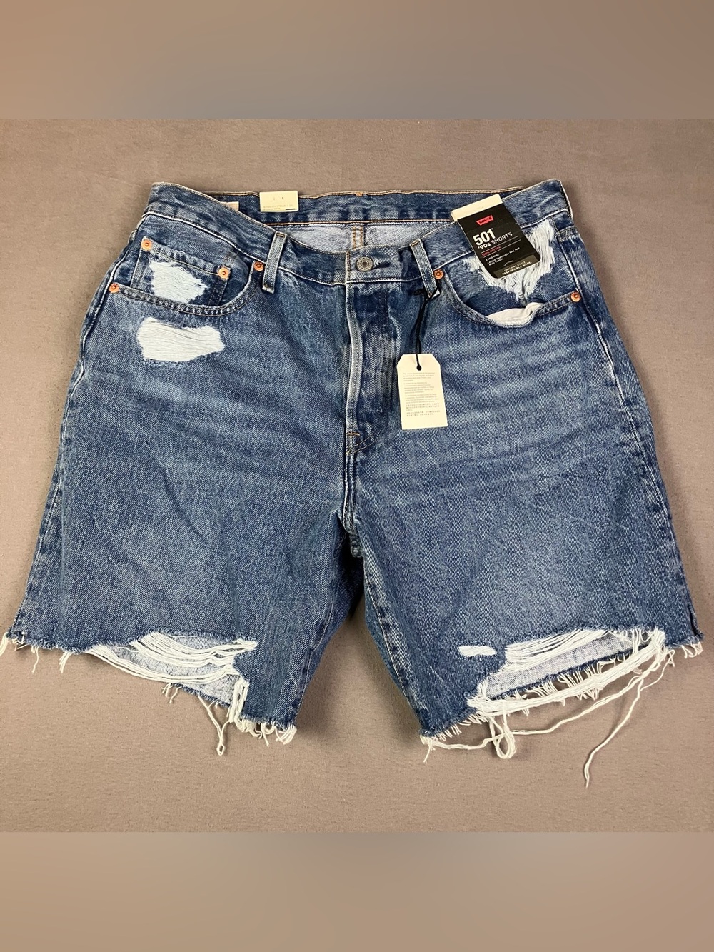 Levi's 501 90’s Denim Jean Shorts Men’s Size 32 Blue Distressed Button Fly NWT!